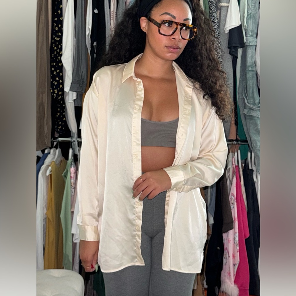Cream Satin Button-Up Shirt